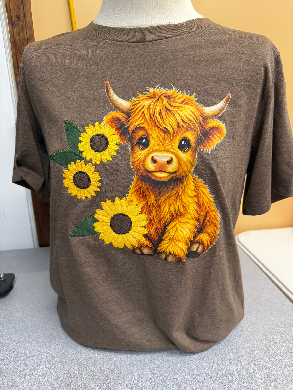 Cocoa Appliqued Sunflower Cow T-Shirt (S-3X)