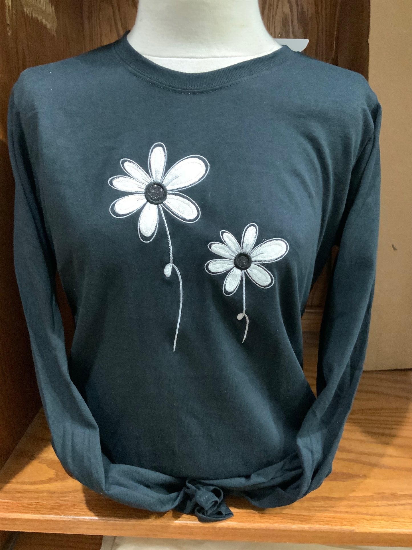 Black Long Sleeve Double Flower T-Shirt SM-4X