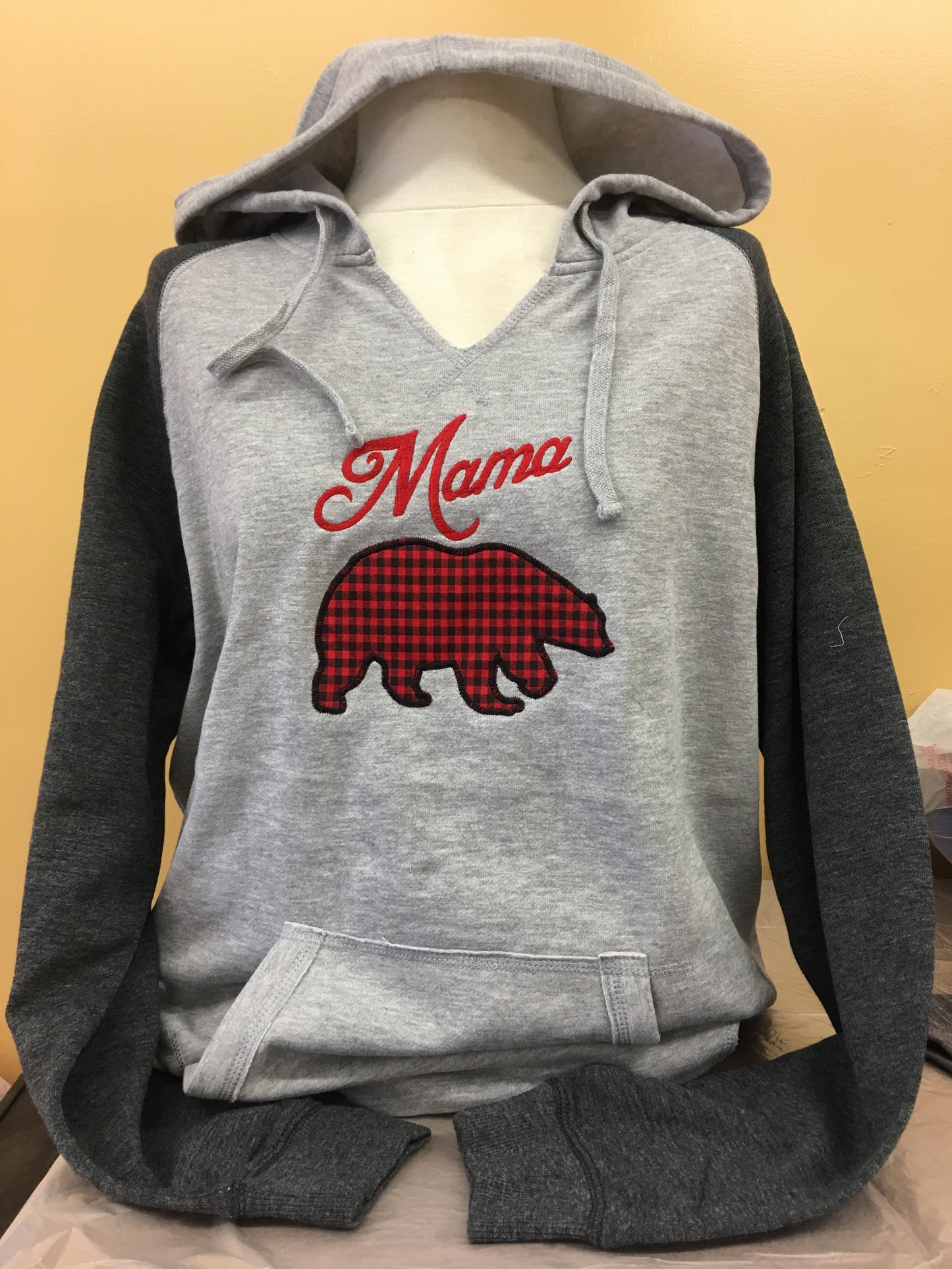 Mama Bear V-Neck Hoodie Grey SM-4X
