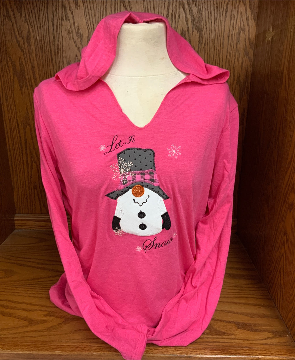 Long Sleeve Light Weight T-Shirt Hoody Pink Snowman  S-4X