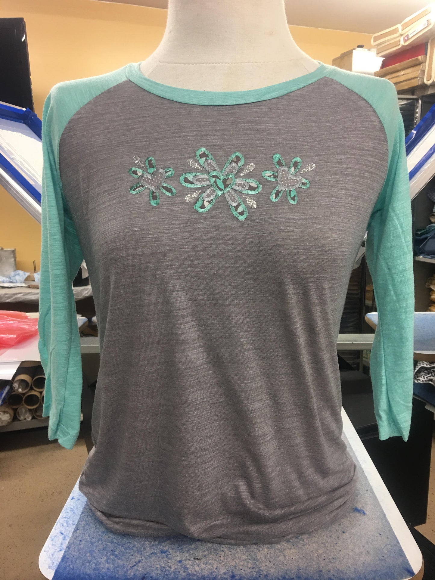 Teal/Grey 3/4 Sleeve Flowers 2X-4X